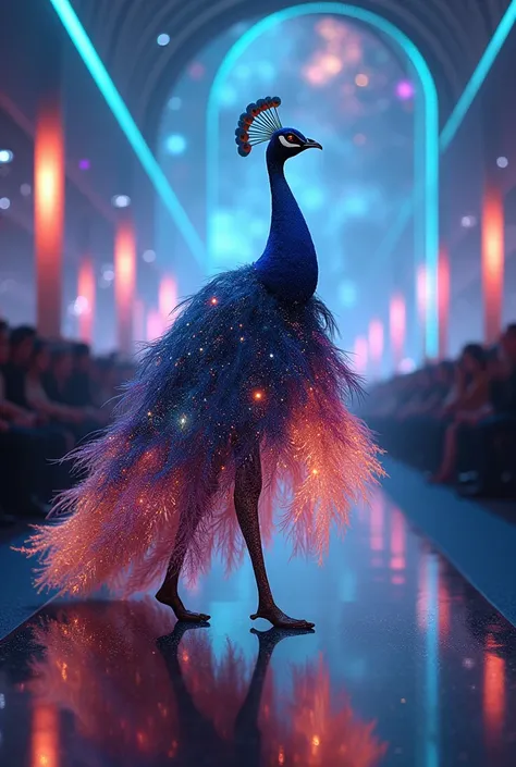  An elegant peacock parading on a futuristic runway , wearing a costume that simulates galaxies and constellations .  The background is full of bright lights and spatial effects