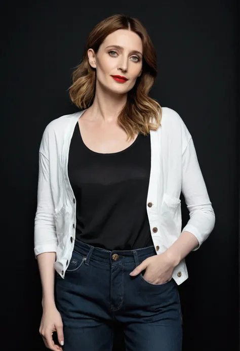 a woman with a red lipstick and a black background, wearing jeans and a loose-fitting white cotten tank top, cait miers, beautiful, attractive, maia sandu-carice van houten-cait miers-galen dara-mischa barton-christna hendricks merged, entire body visible,...