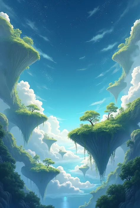 Visualize an anime-themed landscape of Astral Cloud Gardens, where floating islands of lush greenery are suspended in a sky filled with swirling, glowing clouds. The clouds are illuminated by the light of distant stars, casting a soft, ethereal glow over t...