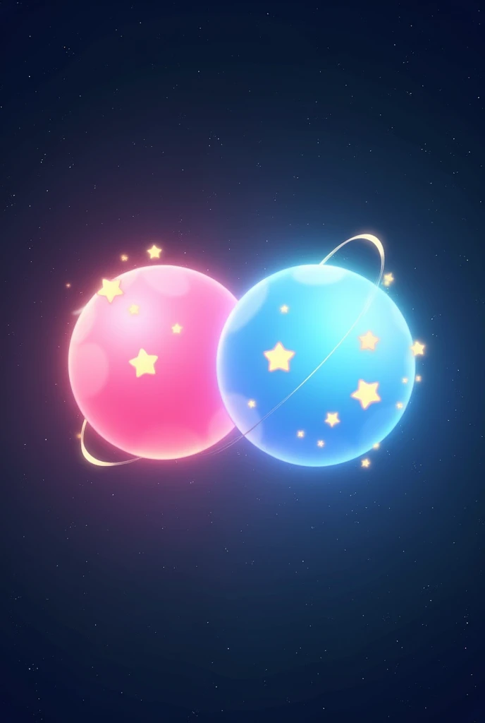 Anime manga Isekai logo. Featuring two smooth rubber balls with glowing yellow star on both of them. One is a pink ball and other is a light blue ball. Background is space. Typography Twinkling Twins