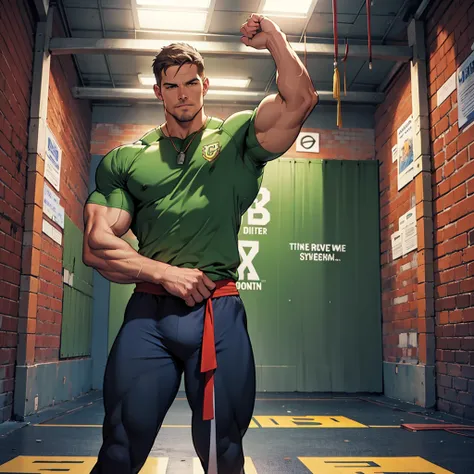 42k, high quality , detailed face , detailed hands , detailed muscles , stephen amell standing, posing in a gym hall  ,standing with spread legs, showing his muscles, background brick wall with men health posters