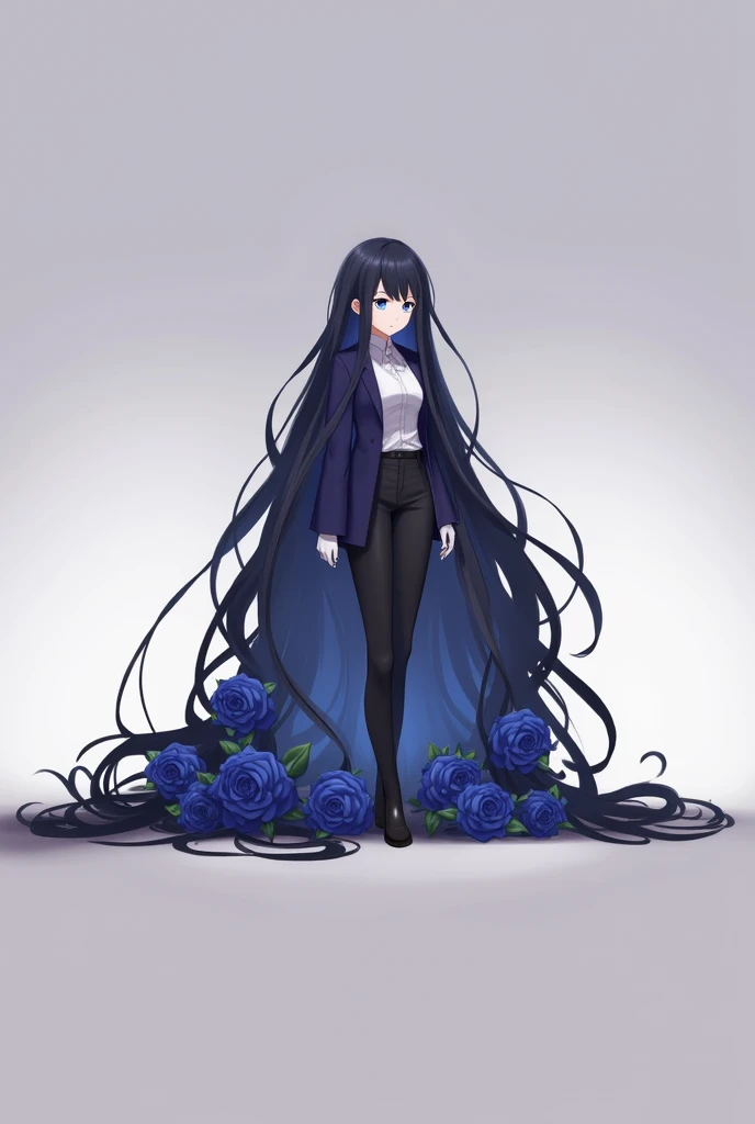 Ado singer profile picture, Tall cute anime girl, DARK blue LONG hair, pale skin, navy suit, long black pants, black shoes, blue eyes, white gloves, and blue roses.
