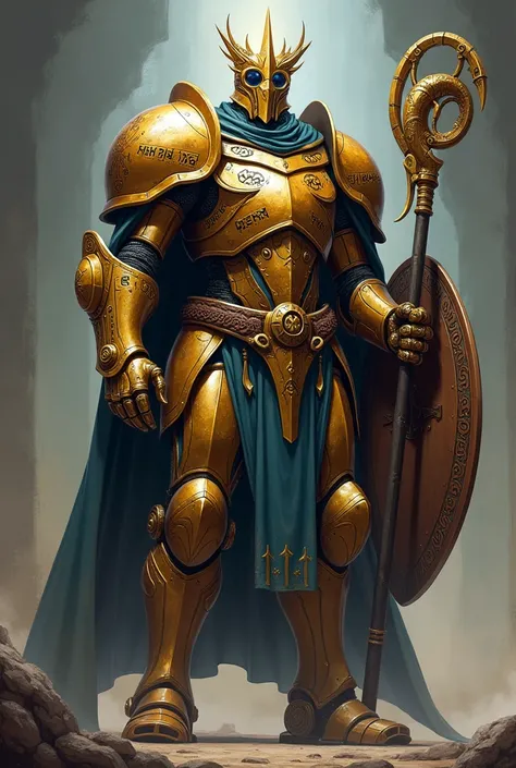 { "prompt": "Design a towering Warforged Cleric of the Forge with a metallic body intricately crafted with fine details symbolizing creation and destruction. The character is a religious leader of a temple dedicated to the Divine Forge, combining strength,...