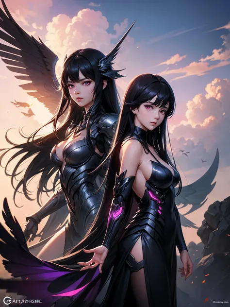 a woman,  Long black hair, purple eyes, a woman in a black dress with wings and a pink top, Villain with Black Angel Wings ,   like a mystical Valkyrie  , Angel Knight Girl,  extremely detailed art by artgerm, beautiful cyborg angel girl, guweiz, best anim...