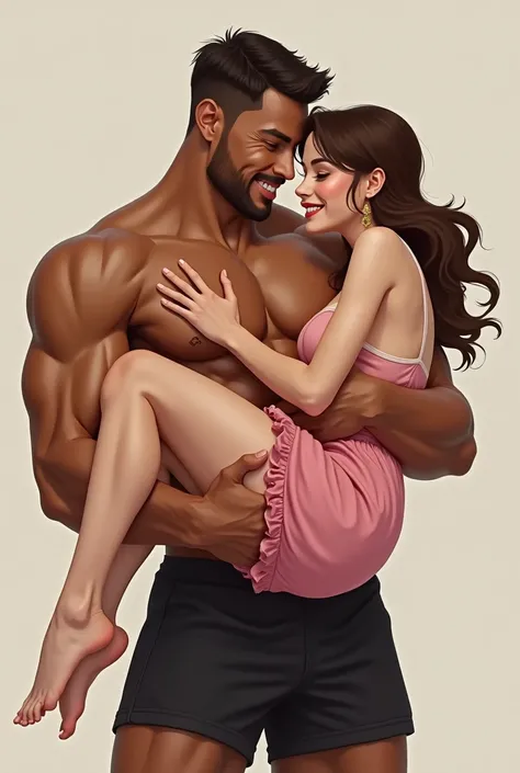 Muscular shirtless tanned man wearing black gym shorts cradle carrying a cute, dainty, beautiful woman wearing pink short loose ruffley running shorts. The woman has brown hair, very white skin and brown eyes. She is barefoot. She is resting her head on hi...