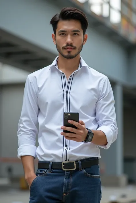 "An engineer wearing a crisp white shirt with a sleek black stripe detail, paired with tailored blue and black jeans. The individual is accessorized with a modern smart watch and holding an iPhone 16, presenting a confident and professional demeanor. The s...