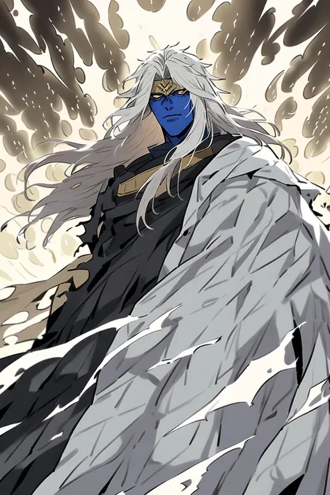 man, Half a half , golden-eyed,  long-haired, white-haired demigod , blue skinned,  had a combat robe ,  and had a snakes tail