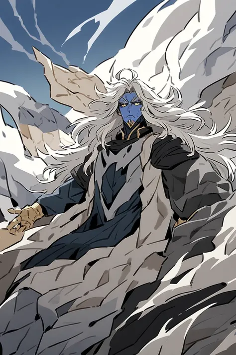 man, Half a half , golden-eyed,  long-haired, white-haired demigod , blue skinned,  had a combat robe ,  and had a snakes tail