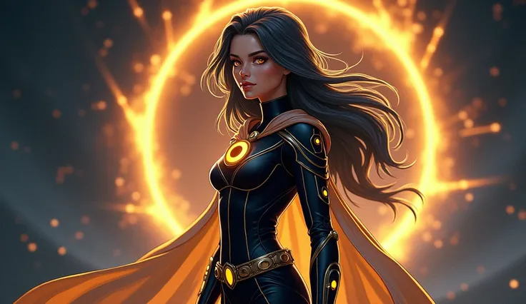 height: 1.75 meters, Athletic and stylized figure.
hair: Long and with a color-shifting effect between deep black and bright silver, Depending on the position of the light.
eyes: amber colored, With a faint glow that reflects the energy of the sun and moon...