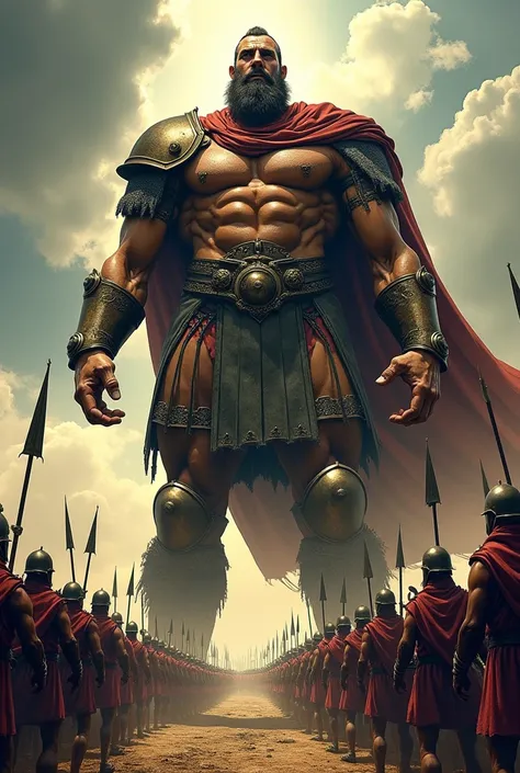 Comic art of Goliath from the bible standing from head to toe while his army are behind him, the image should be obvious that Goliath is a giant