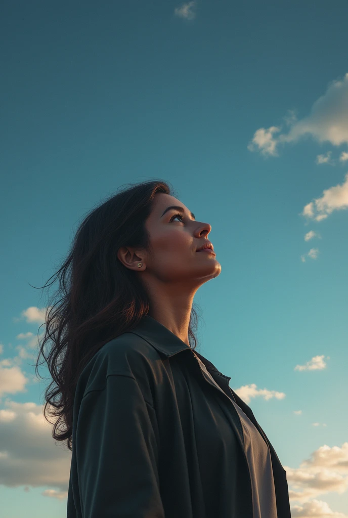 45-year-old dark-skinned lady looking at the sky 