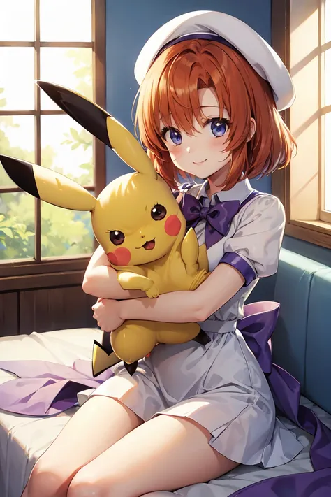 (( Hug little Pikachu )), A happy smile,  natural light, Gentle colors, The room where the sun shines in  ,    warm atmosphere , Rena Ryuuguu,  orange hair ,  shorthair ,  blue eyes,beret, black  thigh-length socks , bow, bowtie,  dress,  have , puffy Shor...