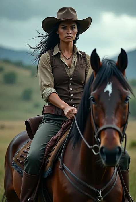 Cowboy woman wearing belt on top of horse and hat on rainy day