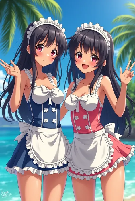      Anime Beautiful Girl、   Elementary school sisters、Hawaii　Maid Swimsuit　Full lower body    　 My skin tone is black 