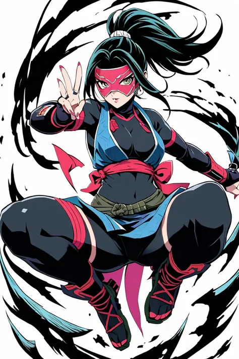 ninja girl that could appear in the cyberpunk ninja action novel "Ninja Slayer", ((((white background illustration)))), (((full-body))), wearing ninja mask.