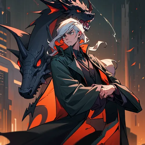  has a dominating and calm expression ， suit ，Trench coat cape ，furry，Strong and tall ， The background is a city bustling at night，dragon furry， black scales，Mafia Boss， strong muscles，Tiny scaled dragon scales，black dragon，The head feels like 