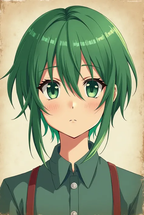 , boy, Old Picture , Green hair, Green eyes, Upper body, portrait,  Front View , 낡은 portrait,  Japanese Anime Picture , Japanese drawing style, Portrait of Elle , Dreamy, Mysterious, Sharp impression, Faded picture ,  Damaged picture