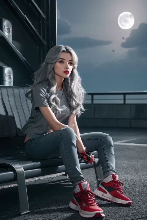 (Sci-Fi Fantasy), (masterpiece), (Professional Oil Painting) ( best quality), (8k resolution), ( 1 Beautiful Girl ), ((Pale grey skin)), (Iron grey skin), ((Jeans Clothes)),( red jacket)), ((黒いTシャツの下に), ((Red lipstick)), (( black sneakers under a black t-s...