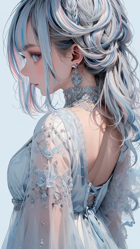   movie poster with a young woman as the main character、(silver hair, ((highlights hair, Light blue streaked hair:1.4))、( long hair :1.2)、(light blue clear eyes 1 .3)Glare、 Her face has a fixed expression  ,  gorgeous dress with beautiful white and light b...