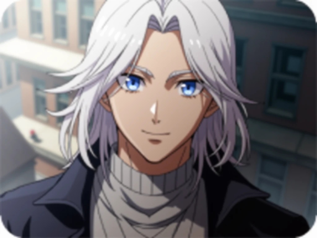  Background a city in autumn anime adult male adult long white hair blue eyes face identical to Leon Oswald anime character Kaleido Star wears black pants and blue turtleneck shirt wears a black coat, Leon is walking full body image  