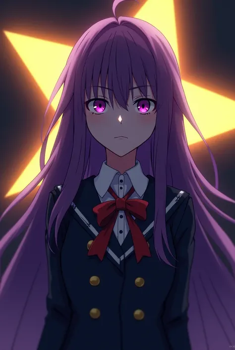 Anime manga Isekai. Featuring long purple hair mature evil school girl with a yandere expression. A yellow glowing star symbol is appeared behind her long hair