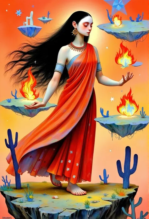     Young beautiful female Indian goddess,   closed eyes     ,    juggling fireballs ,  Compose     ,        black hair girl  , Painting (medium),   red Indian saree costume ,     signature     ,,One,     A star     (sky),     A star     (symbol),  Traditi...