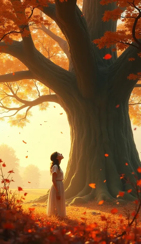 A person standing under a large tree in autumn, leaves falling slowly around them, their face looking upward with a soft, hopeful expression, golden sunlight piercing through the branches, ultra-detailed textures, emotional impact.