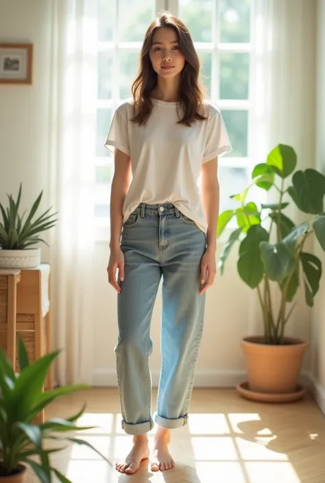 Une jeune femme dans la vingtaine, debout dans un cadre lumineux et épuré, ses pieds nus reposant sur le sol. Elle porte une tenue simple mais élégante, comme un t-shirt blanc classique et un jean décontracté. La lumière naturelle pénètre par une fenêtre, ...