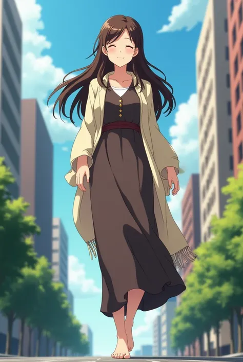 Anime art of a motherly woman with long brown hair, a few tresses of it hanging off the front of her shoulders. She has her eyes closed and is smiling. She has on a single button blouse and long dress, and is barefoot. She has a shawl over her shoulders. L...