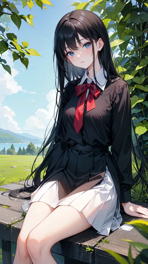  Long straight black hair , School Uniform， blue eyes， holding smartphone , Relaxation posture, sit, Review, healthy skin, Outdoor scenery, Green leaves and blue sky, Bright natural light    ,    The sun shines in from the top left,   A warm and gentle atm...