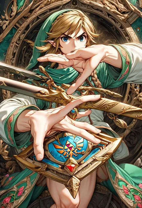 ( best quality, extremely detailed depiction , amazingly absurd high-resolution ,Anatomically accurate depiction,Two beautiful hands, Five perfect fingers ), The Legend of Zelda ,link,Transform, Animation Art ,Swinging the Sword