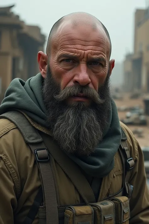 Bald man with big beard ,  military man about 35 years old