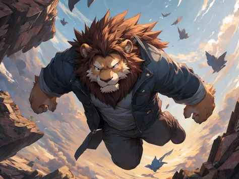 lion, brown fur, human nature, Falling, (In the process of falling), (Dropping), (Plummeting), (Tumbling down), frightened and scared, no electricity, exhausted, black shirt, jacket, Various facial details, very detailed, dynamic poses, Eyes details, high resolution, correct anatomy, cartoon, author Takemoto Arashi, by zixiong, By Chunni, author Empty Ghost, (In mid-air), Suspended in the air, Falling face-up, solo, Bird's-eye view, Aerial view, Top-down view, annoyed, gloom (expression), disappointed, despair, from above, atmospheric perspective, panorama, panorama, atmospheric perspective, masterpiece, (16K), HD, high quality, empty big hole background