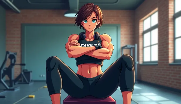  Heres a personalized prompt :

Title: "Disney Style Cartoon Female Force- Carlos"

Description:

 Develop a digital illustration of a muscular woman in anime style,  sitting in a ,  with images of series :

Character:

- Age:  20-25 years
- Hair : short, ...