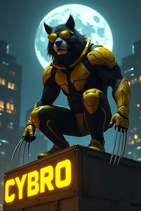  CYBOR athletic and stocky , disguised as WOLVERINE , yellow and black suit, with a beaver head ,  dark OAKLEY gold lenses ,  you should see the silver claws coming out of your hands ,  a city at night and on a building you read CYBRO in yellow,  the full ...