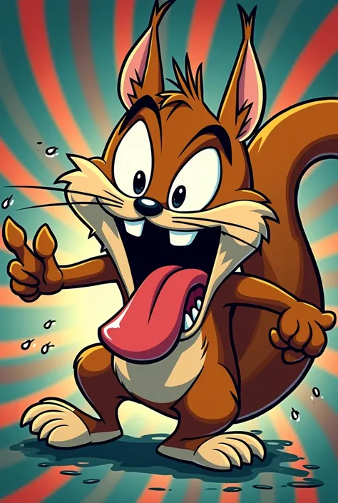  Looney Tunes-style cartoon of a squirrel with a strident and violent appearance:  his eyes are very exorbitant and with red veins that stand out , Her mouth is wide open,  his long tongue is very out and has long sharp fangs . She also splashes sweat and ...