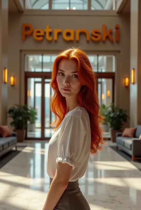  realistic photo lobby of a large company, Petranski written on the wall, And in the front a beautiful red-haired young woman
