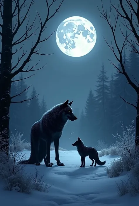 Lonely winter night with wolf and fox couple 