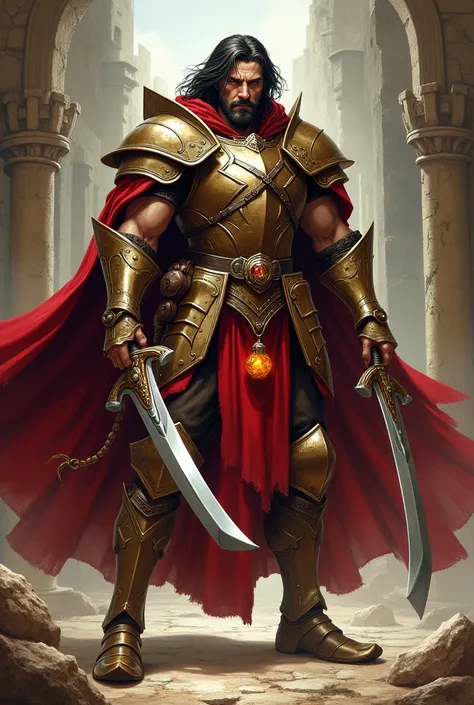 "A fantasy illustration of Murdock, a rugged and manly fighter. He wears gleaming, ornate plate armor with a rich red cloak flowing behind him, emphasizing his heroic presence. Murdock wields two curved scimitars in a confident battle-ready stance. His fea...