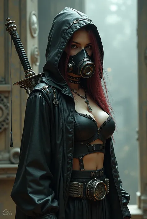 a woman with a gas mask on her face and a sword, cyberpunk art by Yang J, cgsociety contest winner, fantasy art, beautiful cyberpunk girl face, gothic - cyberpunk, seductive cyberpunk dark fantasy, dreamy cyberpunk girl, fantasy cyberpunk, ornamental gothi...