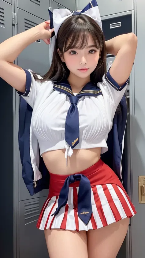 ((female in sailor suit college student  :1.5 )),((   red ribbon tie  :1.5)),(    white shirt :1.3),( blazer:1.3),Deep waistline,((    extreme shot from navy blue ultra mini pleated skirt   :1.5)),(   skirt flip:1.3),(    show me white panties   :1.3),   1...