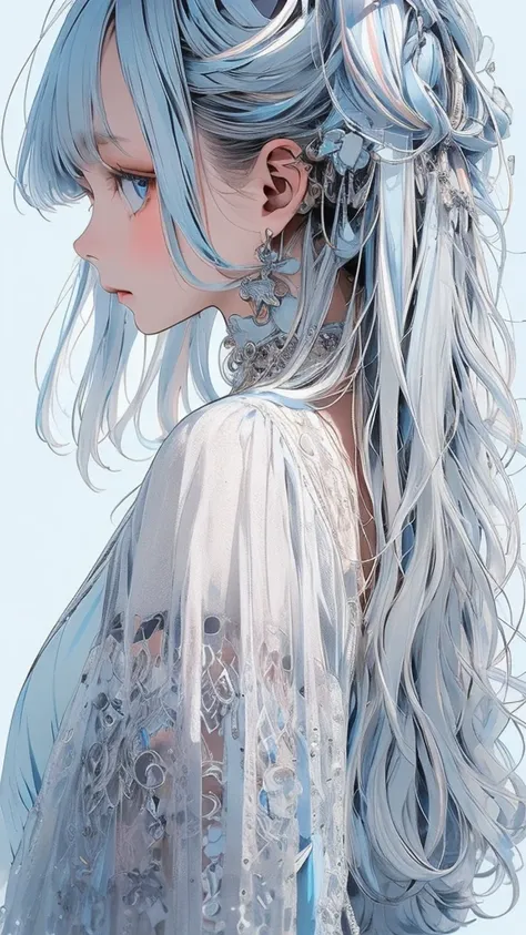   movie poster with a young woman as the main character、(silver hair:1.3), (Light blue streaked hair:1.4)、( long hair :1.2)、(light blue clear eyes 1 .3)Glare、 Her face has a fixed expression  ,  gorgeous dress with beautiful white and light blue lace surro...