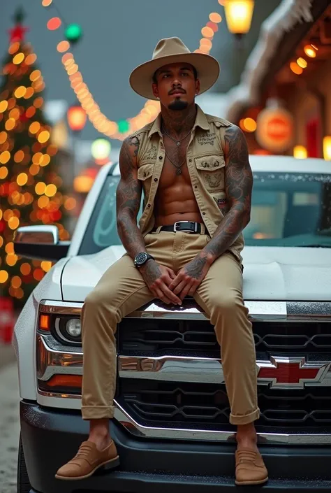 Chico Mexican de contextura media con razgos indu de 26 años tatuado de piel morena,  dressed in beige pants and shirt , one hat, Mexican,  sitting on top of a white Chevrolet 4x4 truck with Christmas background