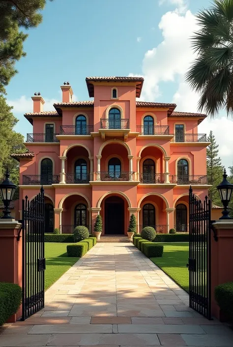 old 3 and a half story Mediterranean style mega-palace mansion with magenta-orange stucco walls wrap around porch and tree in yard, iron gated around the perimeter of the estate. 