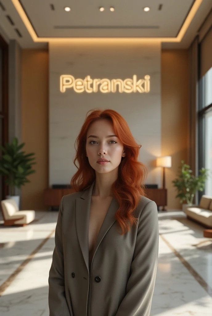  realistic photo lobby of a large company, Petranski written on the wall, And in the front a beautiful red-haired young woman
