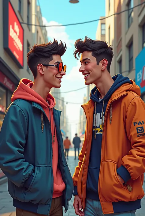 2 male friends who are best friends dressed in animated urban clothes