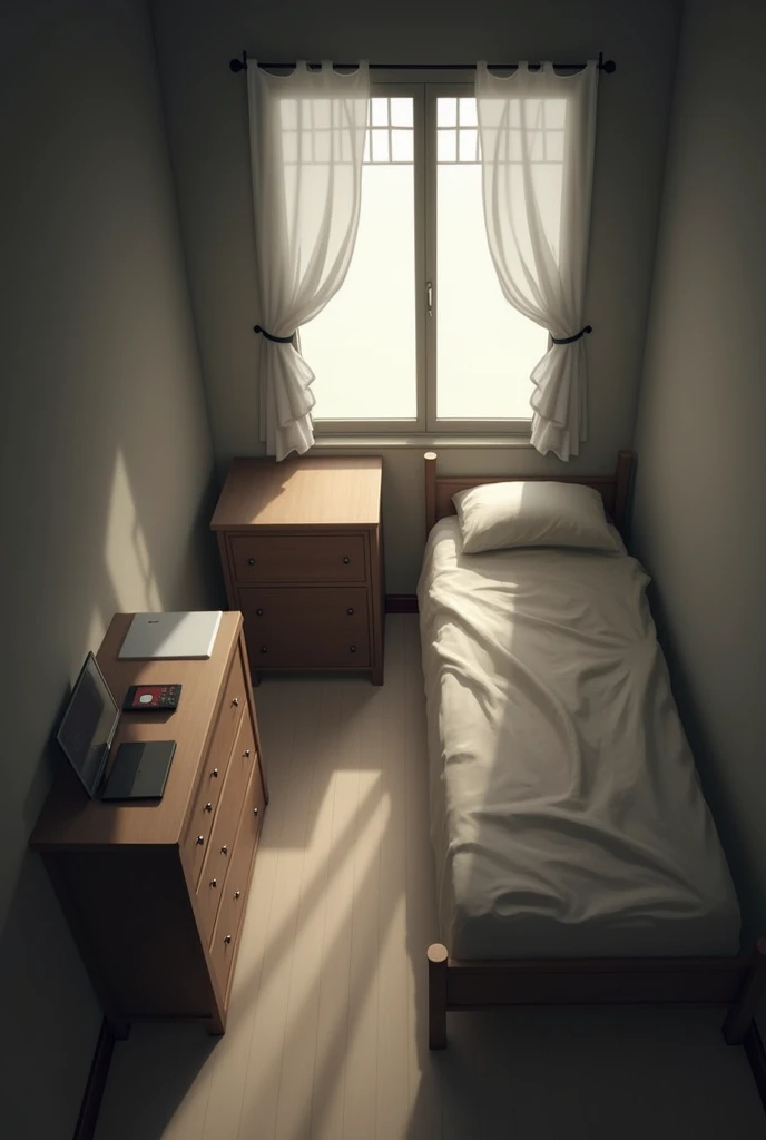 A small room with the bed next to the window and a piece of furniture in front of the bed and that the window is not so big 
