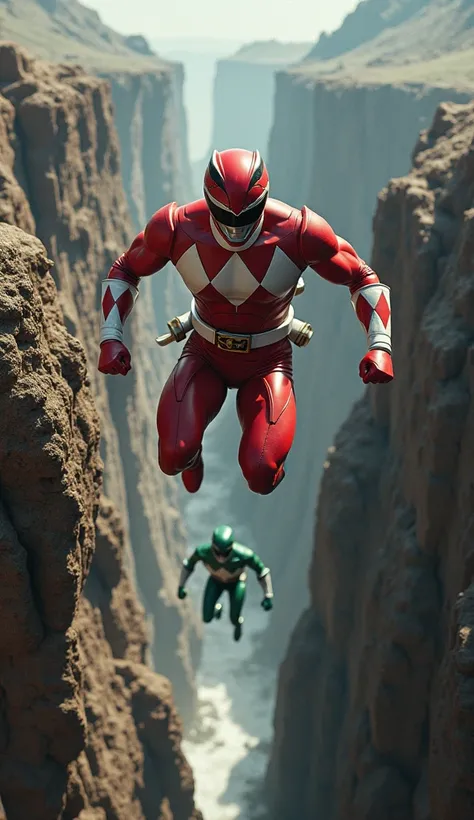  photorealistic rendering of the Red Ranger leaping over a huge chasm, with a serious expression ,  while the Green Ranger almost fell behind him , dikelilingi lanskap berbahaya.