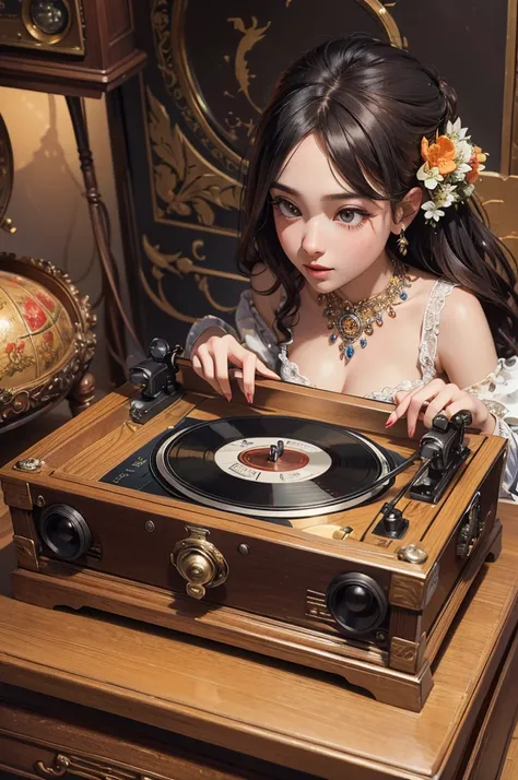 Illustrated，(masterpiece),( best quality:1.2),( very detailed:1.2),( high definition ),vintage record player, nectar，8k，