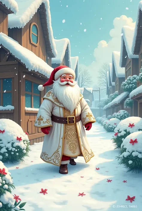 Cartoon Santa Claus , fairy tale, white robe , zururuha ,  white bushes and trees,  walking the streets ,  is calling ren , skating rink 